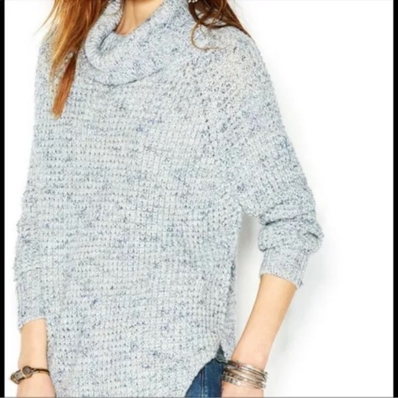Free People blue chunky knit Dylan tweedy cowl turtleneck Sweater Size XS - Picture 3 of 8